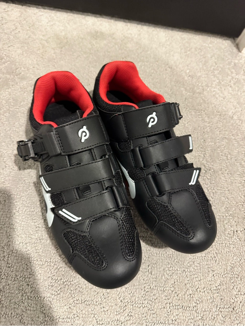Peloton Women's Black Cycling Shoes with Red Interior and White Accents